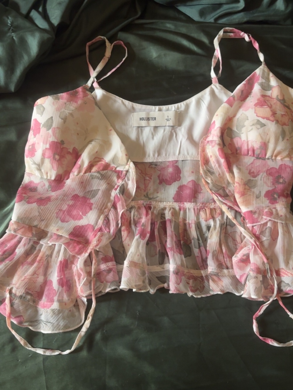 Hollister White and Pink Floral Ruffle Crop Cami